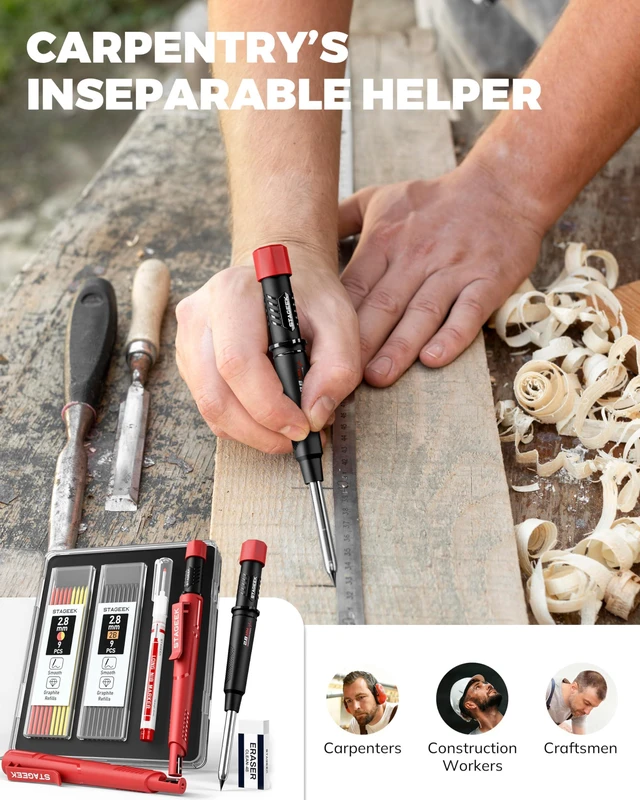 Alt view image 7 of 7 - 2.8mm Mechanical Carpenter Pencils with Sharpener, Storage Case 19 Refills, Construction Pencil Heavy Duty Woodworking Tools, Waterproof Deep Hole Long Nib Marker Pens for Architect Marking
