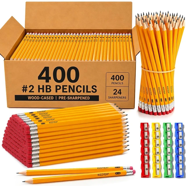 Main image of Pre-Sharpened Pencils Bulk Wood-Cased #2 HB Pencils 400 Count 24 Sharpeners Pencils Bulk, Classroom Use, Back to School Supplies, Writing Drawing Sketching, Yellow #2 HB Pencils with Erasers in Box