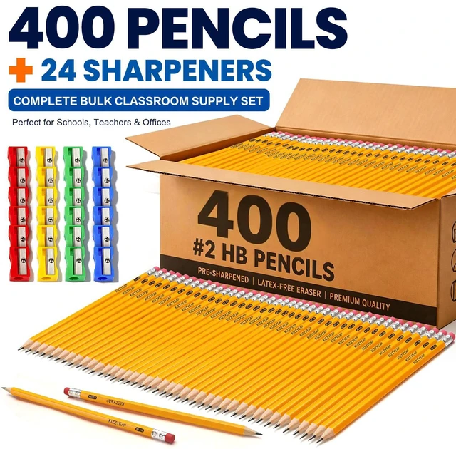 Alt view image 5 of 7 - Pre-Sharpened Pencils Bulk Wood-Cased #2 HB Pencils 400 Count 24 Sharpeners Pencils Bulk, Classroom Use, Back to School Supplies, Writing Drawing Sketching, Yellow #2 HB Pencils with Erasers in Box