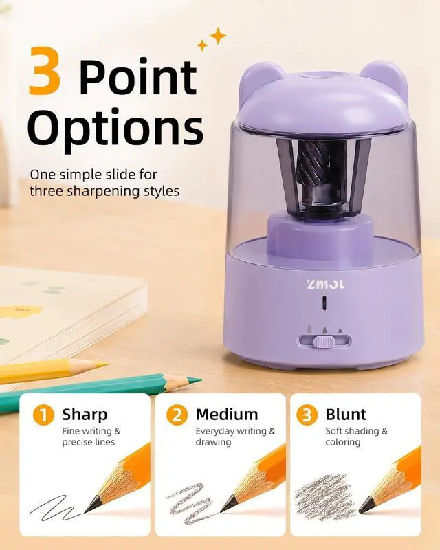 Alt view image 3 of 7 - Rechargeable Electric Pencil Sharpener for Colored Pencils Purple Automatic Stop 3 Modes To Choose Quick Charge Classroom/Home use