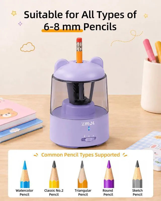 Alt view image 2 of 7 - Rechargeable Electric Pencil Sharpener for Colored Pencils Purple Automatic Stop 3 Modes To Choose Quick Charge Classroom/Home use