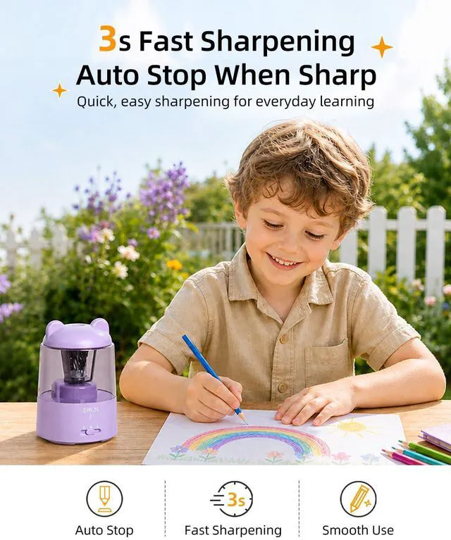Alt view image 5 of 7 - Rechargeable Electric Pencil Sharpener for Colored Pencils Purple Automatic Stop 3 Modes To Choose Quick Charge Classroom/Home use