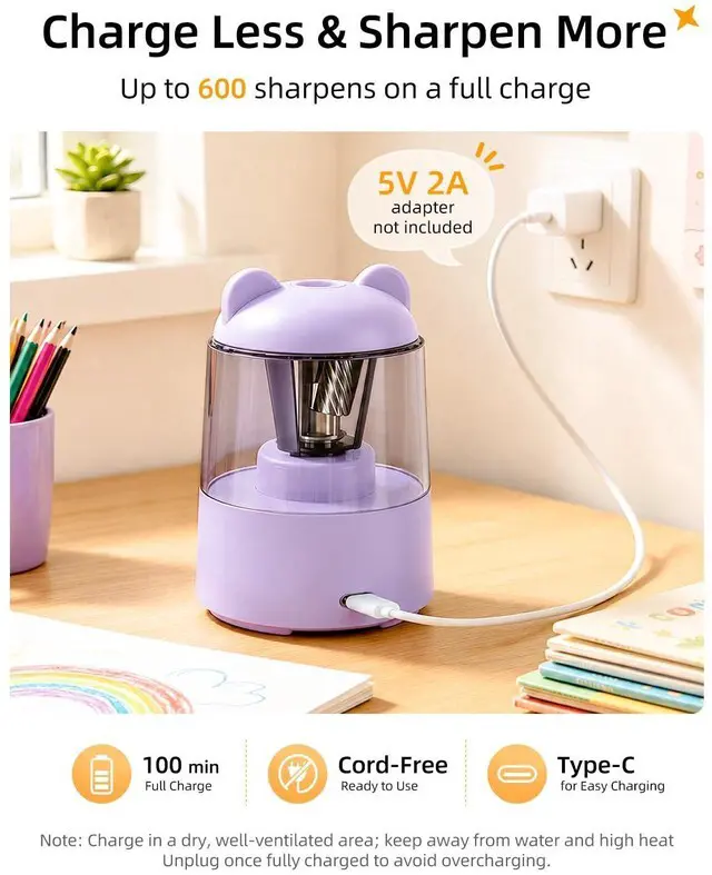 Alt view image 4 of 7 - Rechargeable Electric Pencil Sharpener for Colored Pencils Purple Automatic Stop 3 Modes To Choose Quick Charge Classroom/Home use