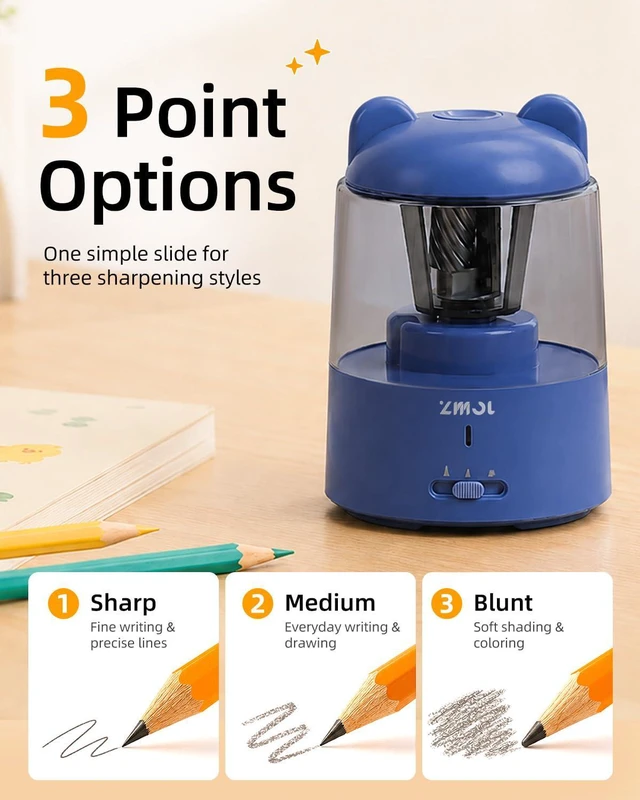 Alt view image 3 of 7 - Rechargeable Electric Pencil Sharpener for Colored Pencils Blue Automatic Stop 3 Modes To Choose Quick Charge Classroom/Home use