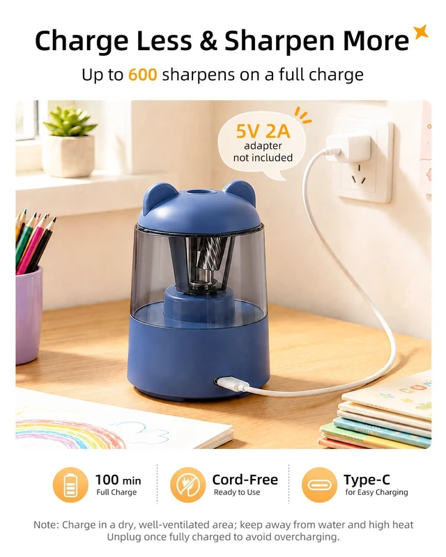 Alt view image 4 of 7 - Rechargeable Electric Pencil Sharpener for Colored Pencils Blue Automatic Stop 3 Modes To Choose Quick Charge Classroom/Home use