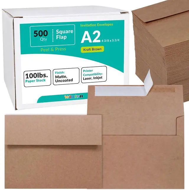 Main image of 500 Pcs A2 Invitation Envelopes in Kraft Brown Peel & Press Self Seal 4 3/8 x 5 3/4 Square Flap Envelopes RSVP Return Envelopes 100lb. for Announcement Mailing 4x5 Greeting Cards Photo 1/4 Fold Cards