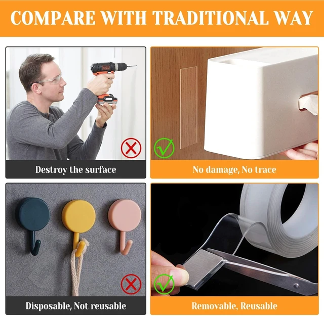 Alt view image 6 of 7 - Double Sided Tape Heavy Duty for Wall Decor No Damage to Paint,Clear Removable Mounting Tape,Nano Two Sided Adhesive Tape,Picture Hanging Strips for Posters,Stickers - Bedroom 1Roll(1.58in*6.5FT)