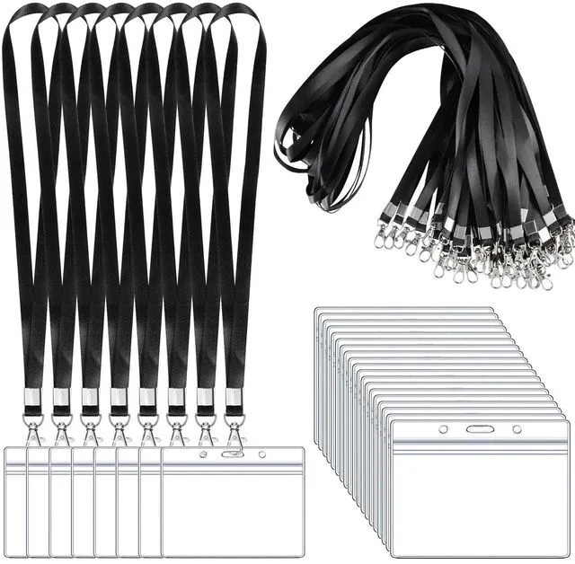 Main image of 50 Pack Name Tag Lanyards with ID Holders, Black, Horizontal Badge Holder Polyester lanyards, clear waterproof holders, 17.7 in strap, fits cards up to 3.74 x 2.2 in, for school or office