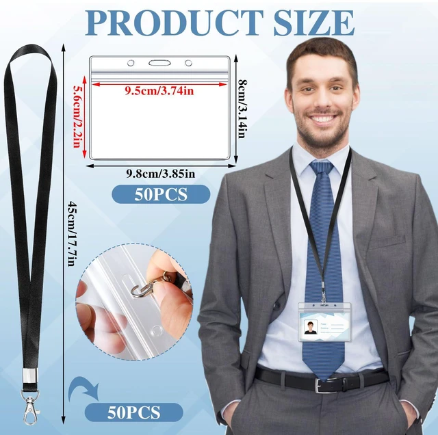 Alt view image 2 of 7 - 50 Pack Name Tag Lanyards with ID Holders, Black, Horizontal Badge Holder Polyester lanyards, clear waterproof holders, 17.7 in strap, fits cards up to 3.74 x 2.2 in, for school or office