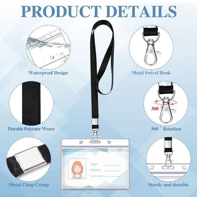 Alt view image 3 of 7 - 50 Pack Name Tag Lanyards with ID Holders, Black, Horizontal Badge Holder Polyester lanyards, clear waterproof holders, 17.7 in strap, fits cards up to 3.74 x 2.2 in, for school or office