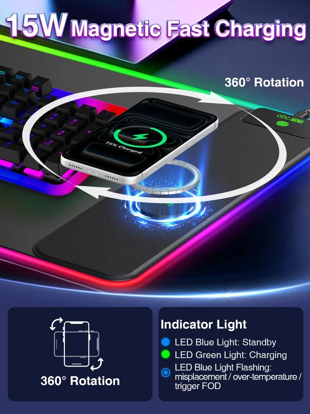 Alt view image 2 of 7 - XXL RGB Gaming Mouse Pad with 15W Magnetic Wireless Charger 31.5'' x 15.8'' Extra Large LED Desk Mat, 24 Light Effects, Non-Slip Rubber Base, Waterproof Easy Gliding Surface