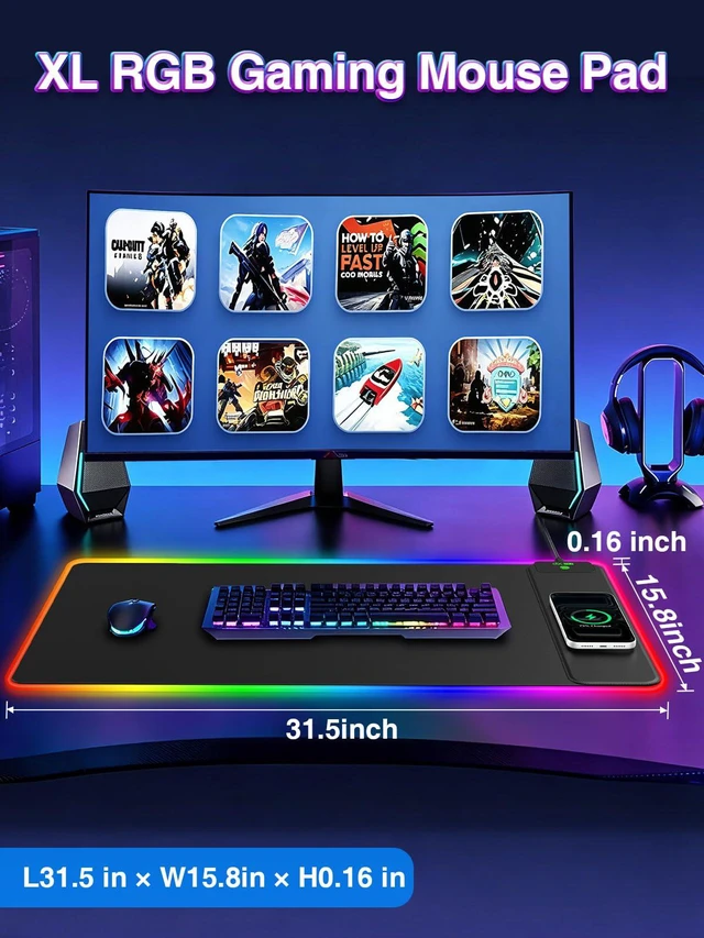 Alt view image 3 of 7 - XXL RGB Gaming Mouse Pad with 15W Magnetic Wireless Charger 31.5'' x 15.8'' Extra Large LED Desk Mat, 24 Light Effects, Non-Slip Rubber Base, Waterproof Easy Gliding Surface