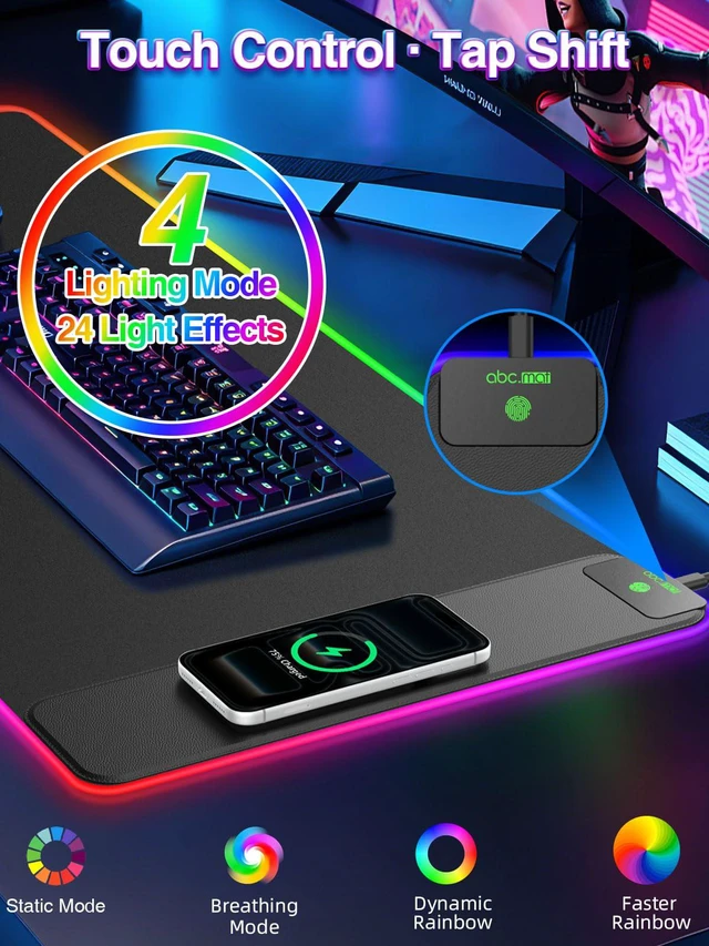 Alt view image 4 of 7 - XXL RGB Gaming Mouse Pad with 15W Magnetic Wireless Charger 31.5'' x 15.8'' Extra Large LED Desk Mat, 24 Light Effects, Non-Slip Rubber Base, Waterproof Easy Gliding Surface