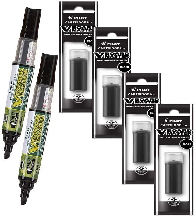 Main image of Refillable Dry Erase Markers, Pilot, 2 Black Ink Chisel Tip Markers with 4 Refills, P1a439146p