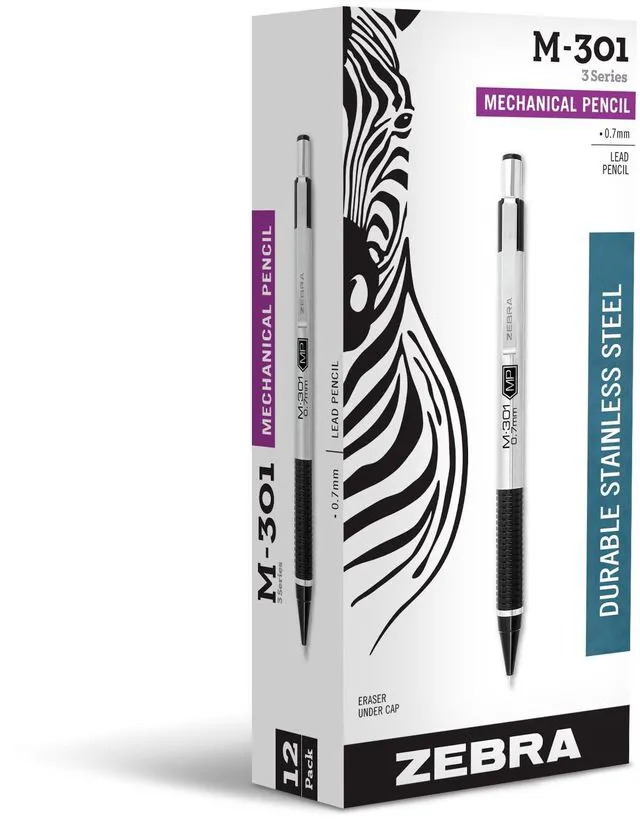 Main image of STEEL M-301 Mechanical Pencil, 0.7mm Medium Point, 12-Pack Stainless Steel Barrel, Textured Grip, Lightweight Design, Built-In-Eraser, Refillable, Office and School Supplies (54310)