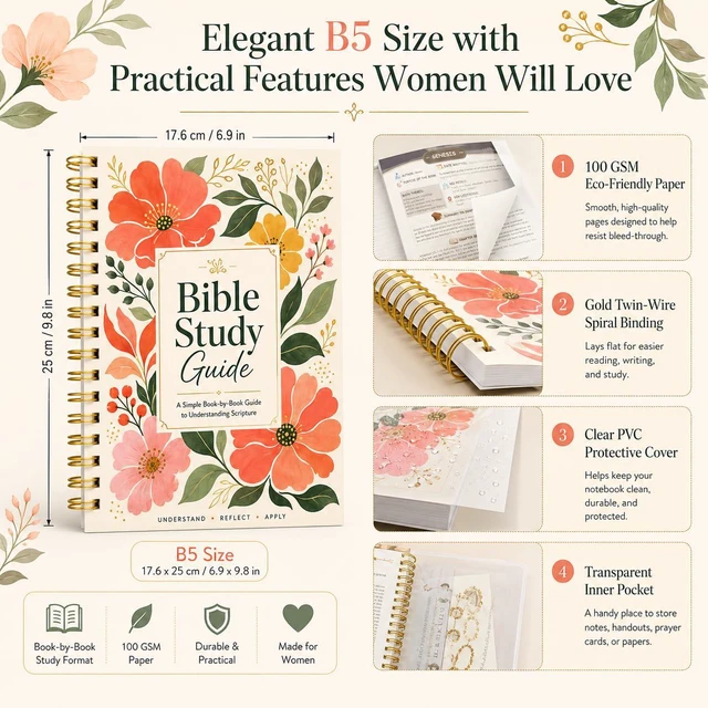 Alt view image 2 of 7 - Bible Study Guide for Women, Book-by-Book Overview of All 66 Books, B5 Size Spiral-Bound with Pocket Scripture Companion for Personal Devotions, Group Study, Reflection, Notes and Faith Growth