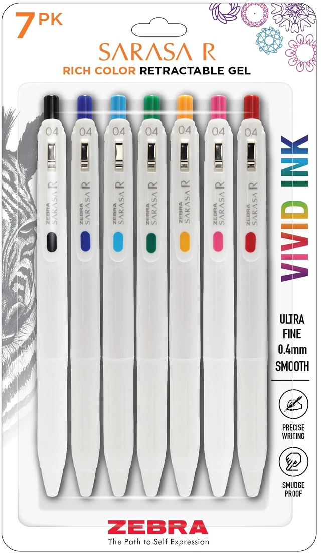 Main image of SARASA R Vivid Gel Retractable Pen, Assorted Ink, 0.4mm, 7-Pack Made in Japan, Quick-Drying Smear-Free Ink, Create Deep, Saturated Colors and Smooth Gel Lines, Fine Point Tip (47807)