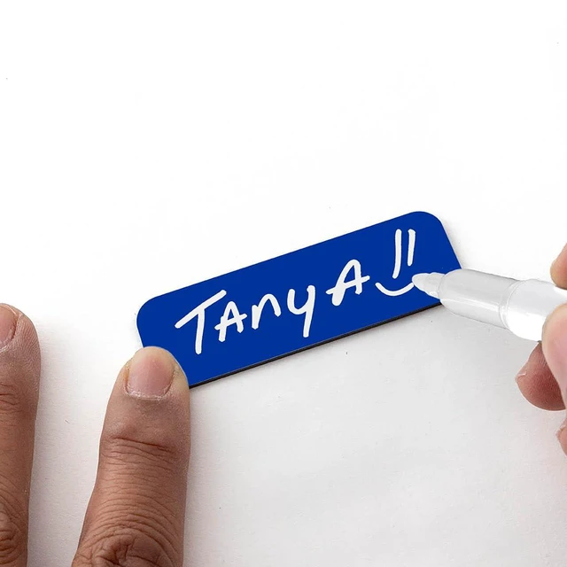 Alt view image 7 of 7 - Blue Name Tag Blanks 25 Pack, 1" x 3", Round Corners, Plastic DIY Engravable Badges with Magnetic Backing Badges