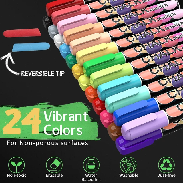 Alt view image 2 of 7 - Liquid Chalk Markers Pens - 24 Colors Washable & Wet Erase Neon Chalk Makers for Blackboard, Chalkboard Signs, Glass Window, Graduation Celebration School Kids Art - Erasable Window Markers for Cars