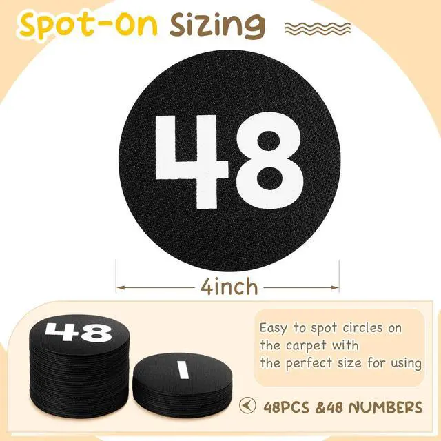 Alt view image 2 of 7 - 48 Pcs Carpet Marker Spots for classroom, Black, White Numbered 1-48 Line up Spots, 4 Inch Markers for Kids, Floor Numbers Rug Organization,Teacher Decoration