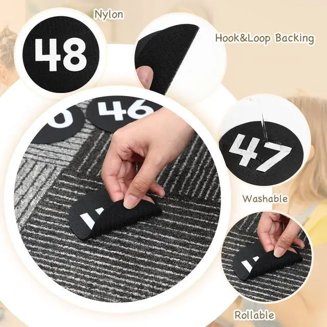 Alt view image 4 of 7 - 48 Pcs Carpet Marker Spots for classroom, Black, White Numbered 1-48 Line up Spots, 4 Inch Markers for Kids, Floor Numbers Rug Organization,Teacher Decoration