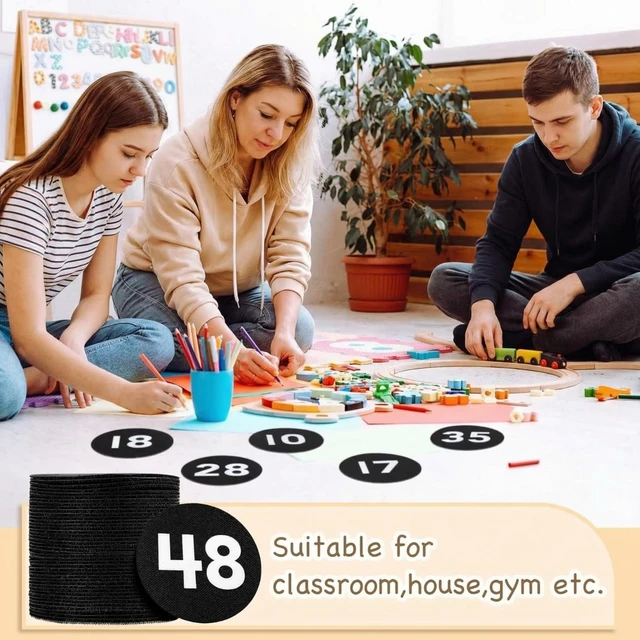 Alt view image 7 of 7 - 48 Pcs Carpet Marker Spots for classroom, Black, White Numbered 1-48 Line up Spots, 4 Inch Markers for Kids, Floor Numbers Rug Organization,Teacher Decoration