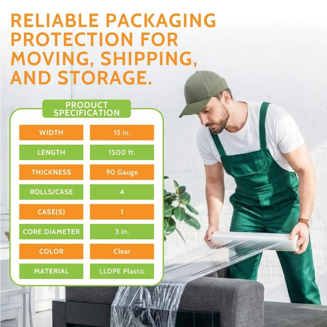 Alt view image 2 of 7 - PSBM Stretch Wrap, 4 Rolls 15 Inch x 1500 Feet 90 Gauge Heavy Duty Clear Plastic Wrap Industrial Strength Shrink Film for Moving, Packing & Shipping