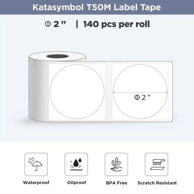 Alt view image 2 of 6 - T50M Series Genuine Round Label Tape, 2'', 8 Rolls, White RFID Auto Size Detection, Laminated & Durable, Waterproof & Oilproof, Strong Adhesive, 140 Labels/Roll