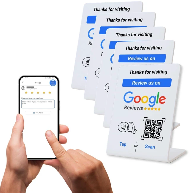 Main image of NFC Tap Google Review Stand, White, Compact 4.3"x2.7", 5-STANDS Boost Customer Feedback, Tap & Scan QR, No App, No Subscription, Works on iPhone & Android