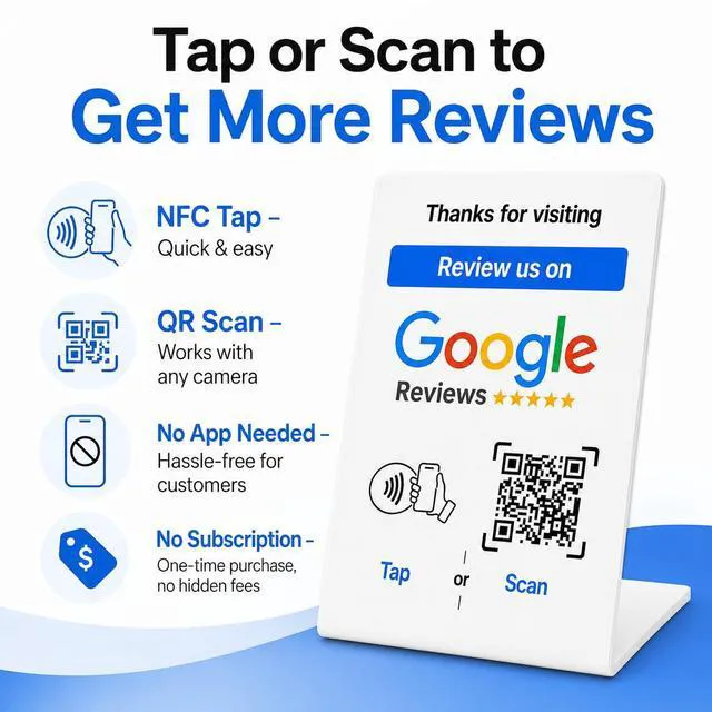 Alt view image 7 of 7 - NFC Tap Google Review Stand, White, Compact 4.3"x2.7", 5-STANDS Boost Customer Feedback, Tap & Scan QR, No App, No Subscription, Works on iPhone & Android