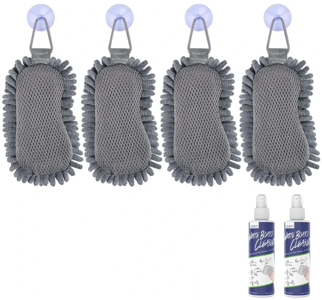 Main image of Microfiber Shag Eraser with Cleaner, Washable Dry Erase Eraser Grey, 4 Pack, Soft Shag Material, Strong Cleaning, Suction Cup Storage, Reusable & Durable, 3.4 fl oz Whiteboard Cleaner