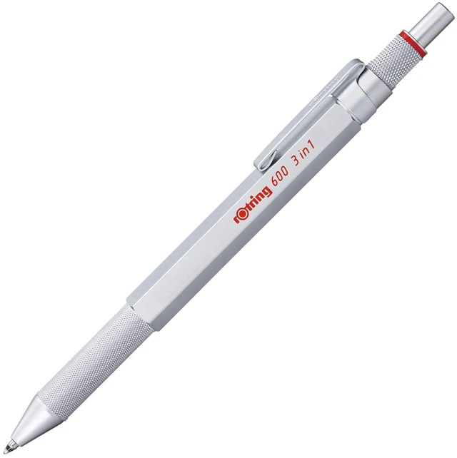 Main image of 600 3-in-1 Multicolor Pen and Mechanical Pencil, Switches Between 2 Ballpoint Pen Fine Point Tips (Black and Red Ink) and 1 Mechanical Pencil Tip (0.5mm Lead), Silver Barrel