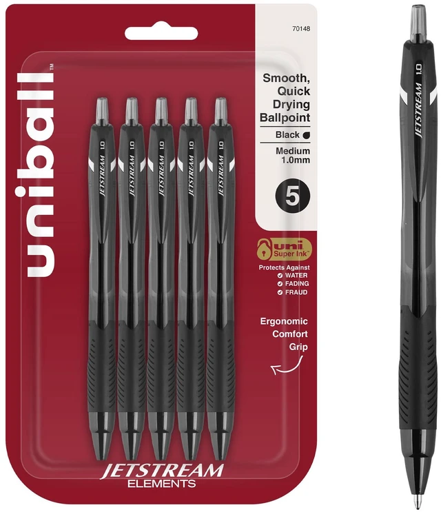 Main image of uniball Jetstream Elements Ballpoint Pens, 1.0mm, Black Ink, 5 Pack Gel-smooth quick-drying hybrid ink, smudge-resistant for left-handed writers, contoured comfort grip, acid-free