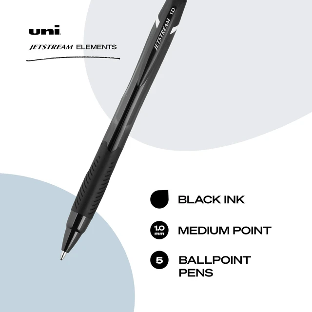 Alt view image 2 of 7 - uniball Jetstream Elements Ballpoint Pens, 1.0mm, Black Ink, 5 Pack Gel-smooth quick-drying hybrid ink, smudge-resistant for left-handed writers, contoured comfort grip, acid-free