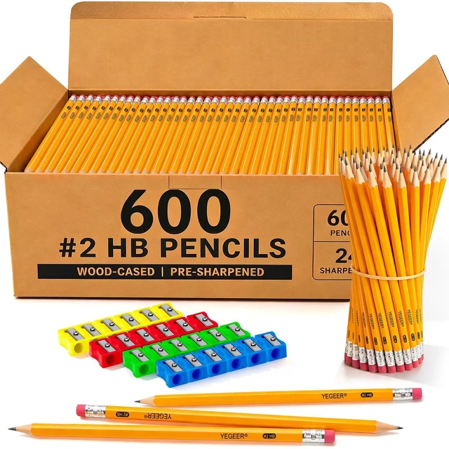 Main image of 600 Pack #2 HB Pre-Sharpened Wood-Cased Graphite Pencils Bulk Pack with 24 Pencil Sharpeners and Top Erasers, for Writing, Drawing and Sketching, School, Classroom, Office & Standardized Testing (600)