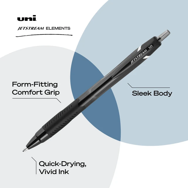 Alt view image 3 of 7 - uniball Jetstream Elements Ballpoint Pens, 1.0mm, Black Ink, 5 Pack Gel-smooth quick-drying hybrid ink, smudge-resistant for left-handed writers, contoured comfort grip, acid-free