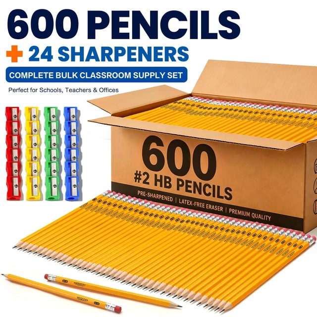 Alt view image 5 of 7 - 600 Pack #2 HB Pre-Sharpened Wood-Cased Graphite Pencils Bulk Pack with 24 Pencil Sharpeners and Top Erasers, for Writing, Drawing and Sketching, School, Classroom, Office & Standardized Testing (600)