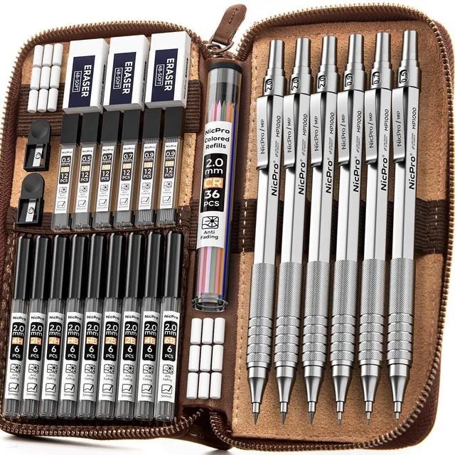 Main image of 30PCS Silver Metal Mechanical Pencils Set in Leather Case Art Drafting Pencil 0.5-0.9 mm, 2mm Lead Pencil Holders for Sketching Drawing, 16 Tube (6B 4B 2B HB 2H 4H Colors)Lead Refills