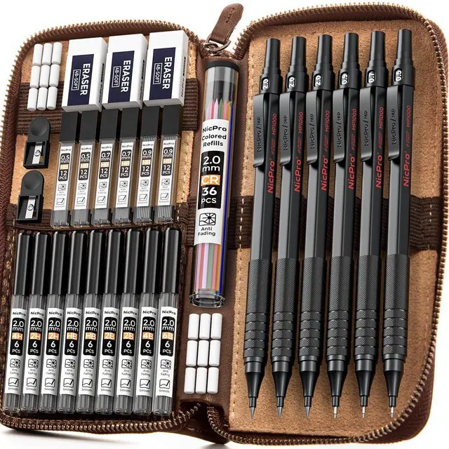 Main image of 30PCS Black Metal Mechanical Pencil Set in Leather Case Art Drafting Pencil 0.5-0.9 mm, 2mm Lead Pencil Holders for Sketching Drawing, 16 Tube (6B 4B 2B HB 2H 4H Colors)Lead Refills