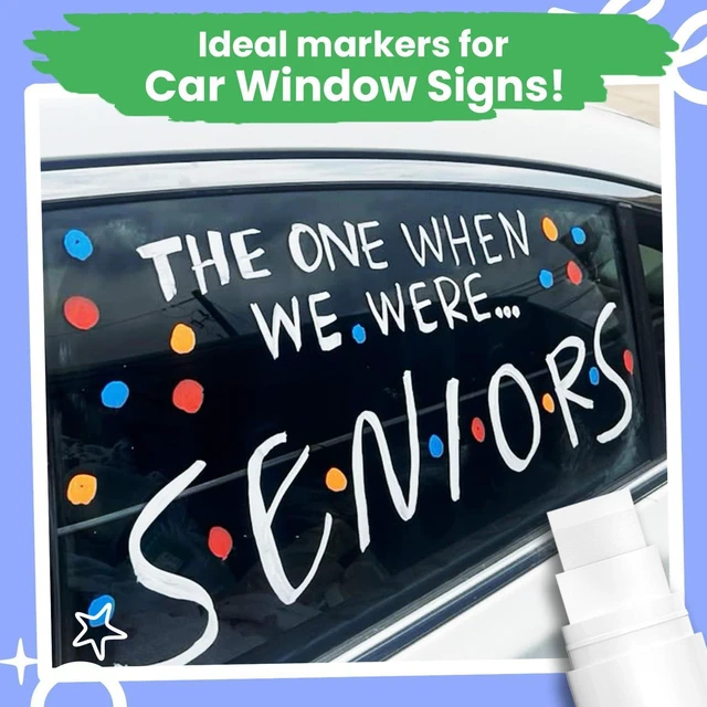 Alt view image 2 of 7 - 15mm Jumbo Car Window Markers for Glass Washable | 2 White 2 Black 4, 15mm Thick Chalk Pens Safe Erasable Liquid Chalk Markers for Blackboard, Chalkboards, Glass Board, Auto, Mirror, Wedding