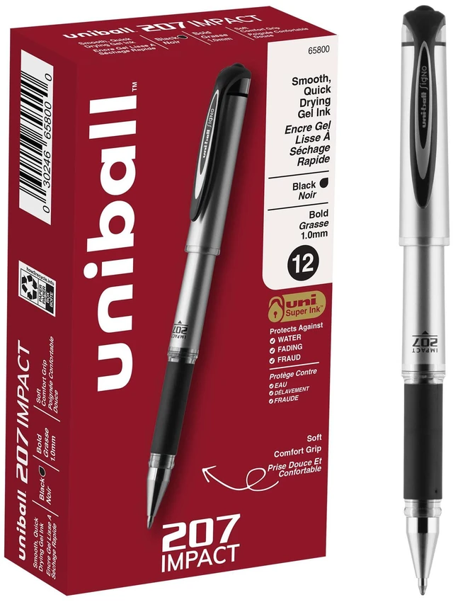 Main image of uniball 207 Impact Gel Pens, Bold Point (1.0mm), Black, 12 Pack Bold gel ink lay-down for pronounced lettering, fraud-resistant uni Super Ink, water & fade-resistant, comfort grip