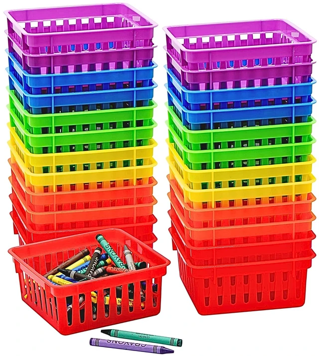 Main image of 24 Pack Small Classroom Storage Baskets, Pack Bulk, Square 4.5" Sturdy Plastic Colorful Crayon & Pencil Container, Organizer Bins for Desk for Classrooms Supplies, Office, Toy Storage