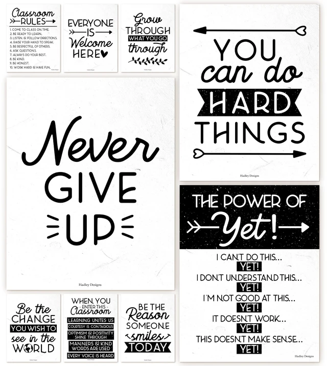 Main image of Motivational Poster for Classroom Decor Teacher Must Haves, Classroom Rules Black & White Growth Mindset Posters, Inspirational Wall Decor Middle School, Elementary Bulletin Board Decorations