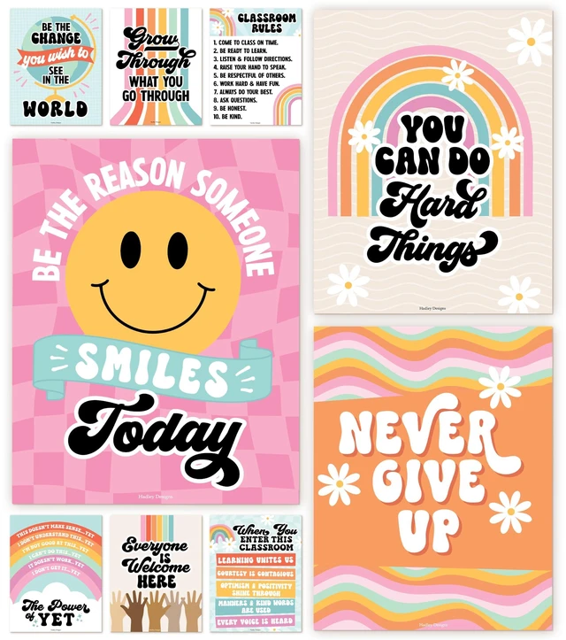 Main image of Motivational Poster for Classroom Decor Teacher Must Haves School Posters Retro Growth Mindset Posters, Inspirational Wall Decor Middle School, Elementary Bulletin Board Decorations