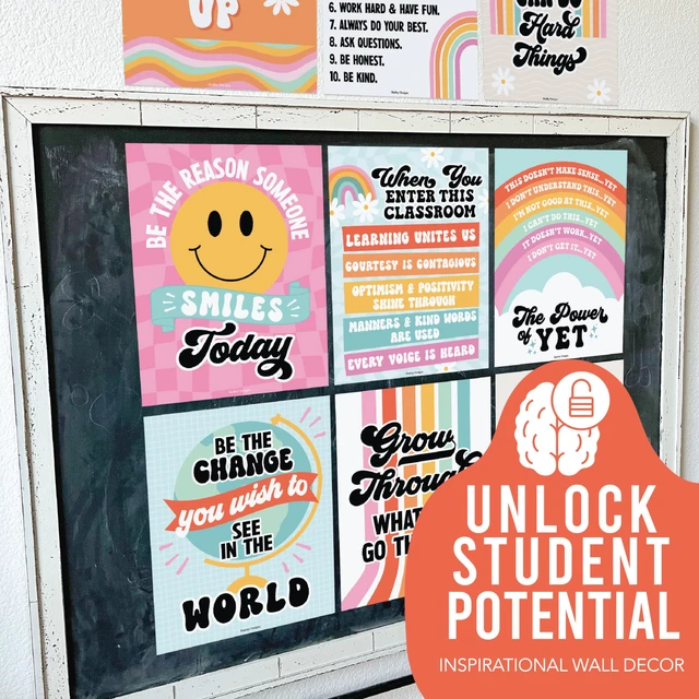 Alt view image 5 of 7 - Motivational Poster for Classroom Decor Teacher Must Haves School Posters Retro Growth Mindset Posters, Inspirational Wall Decor Middle School, Elementary Bulletin Board Decorations