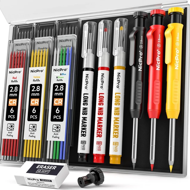 Main image of 3 Pack CP1000 Carpenter Pencils with Sharpener Mechanical Carpenter Pencil+39 Refills, Long Head Nib Marker Pens for Construction, Heavy Duty Woodworking Pencil for Marking