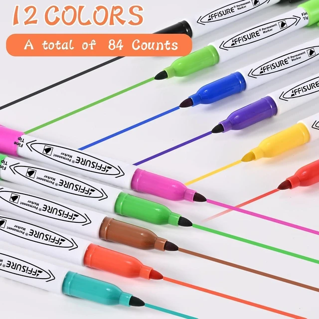 Alt view image 6 of 7 - 12 Colors Permanent Markers 84 Pack colored marker sets, Assorted Colors MarkerFine Point Permanent Markers Bulk, Fast Dry, Waterproof, work on Plastic, Glass, Metal, Wood and Stone