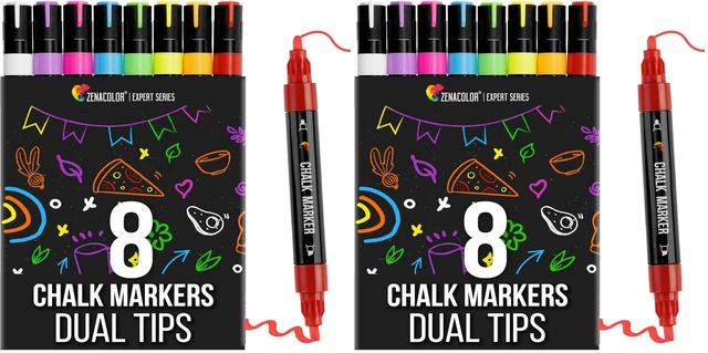 Main image of Liquid Chalk Markers - Dual Tips, 8 Vibrant Colors, Non-Toxic, Quick-Drying, Erasable for Blackboard, Windows, Glass, Cars - 24 Labels Included (Pack of 2)