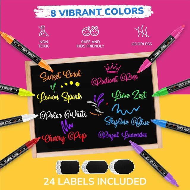 Alt view image 4 of 6 - Liquid Chalk Markers - Dual Tips, 8 Vibrant Colors, Non-Toxic, Quick-Drying, Erasable for Blackboard, Windows, Glass, Cars - 24 Labels Included (Pack of 2)