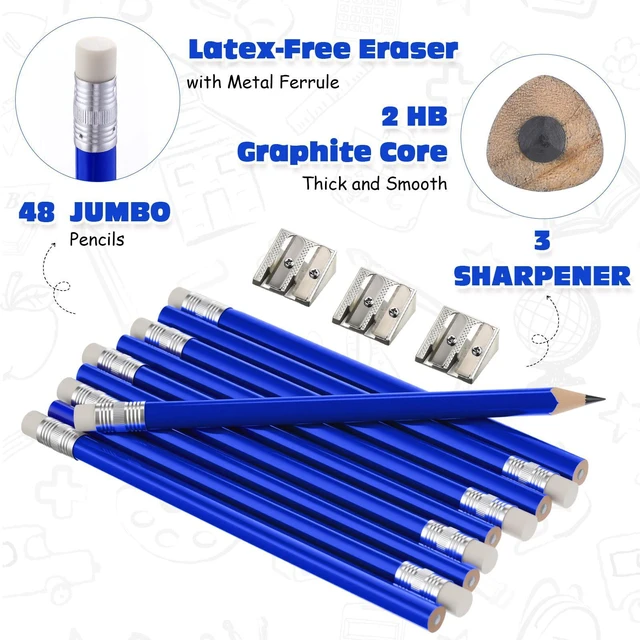 Alt view image 4 of 6 - 48 Pcs Large Pencils 3 Sharpeners,Blue+silver,Triangle Jumbo Thick Grip, Preschoolers Kindergarten Beginners, My First Pencil Set, Easy Hold Kids School Writing Practice Supplies